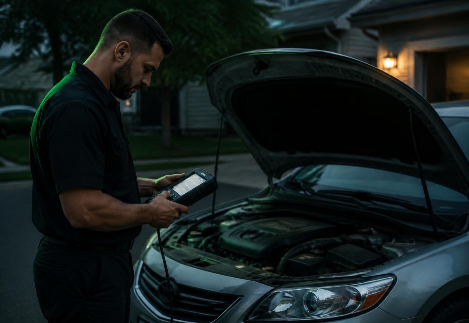 XKZ technician performing a mobile diagnostic on a customer vehicle in a driveway