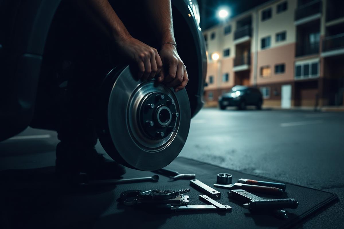 Brake service being performed on a customer vehicle in an apartment parking lot